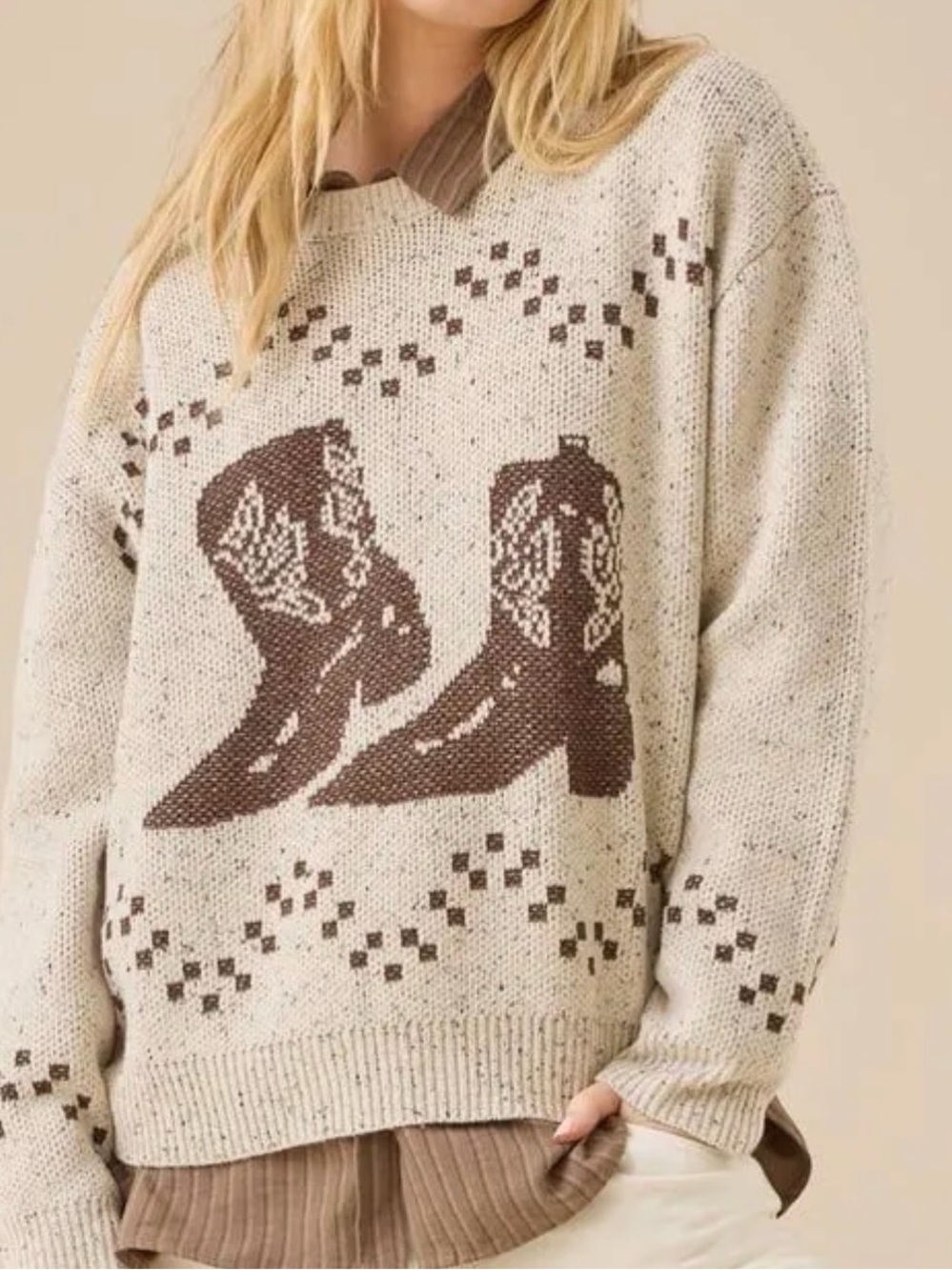 Altar'd State Cream Sweater with Brown Cowboy Boot Graphic